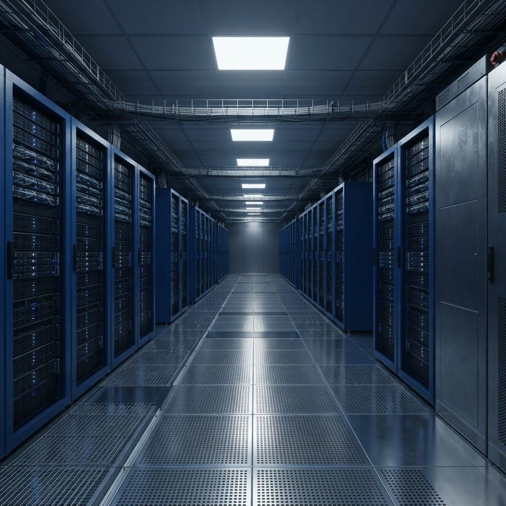 Modern server room infrastructure with cool blue lighting