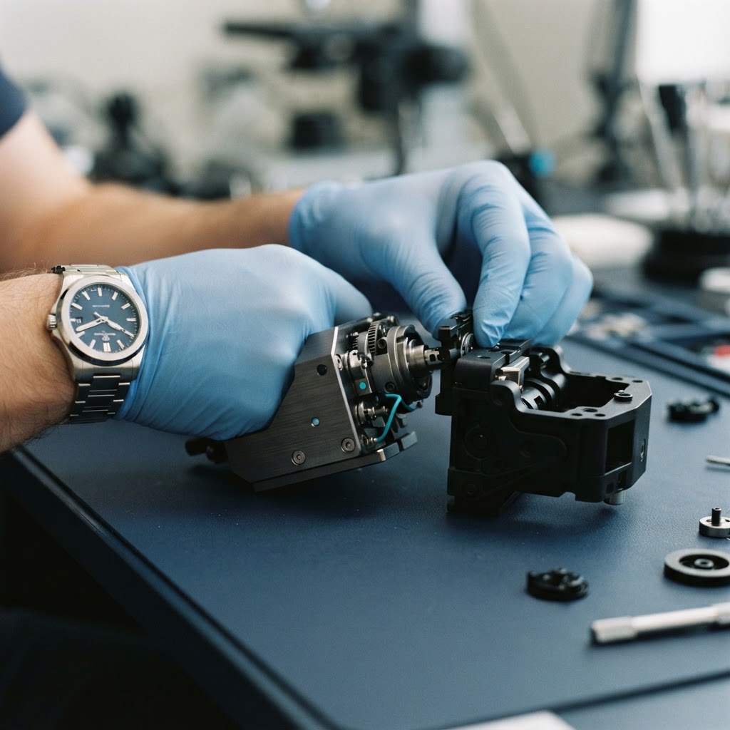 Close up of hands connecting two mechanical components