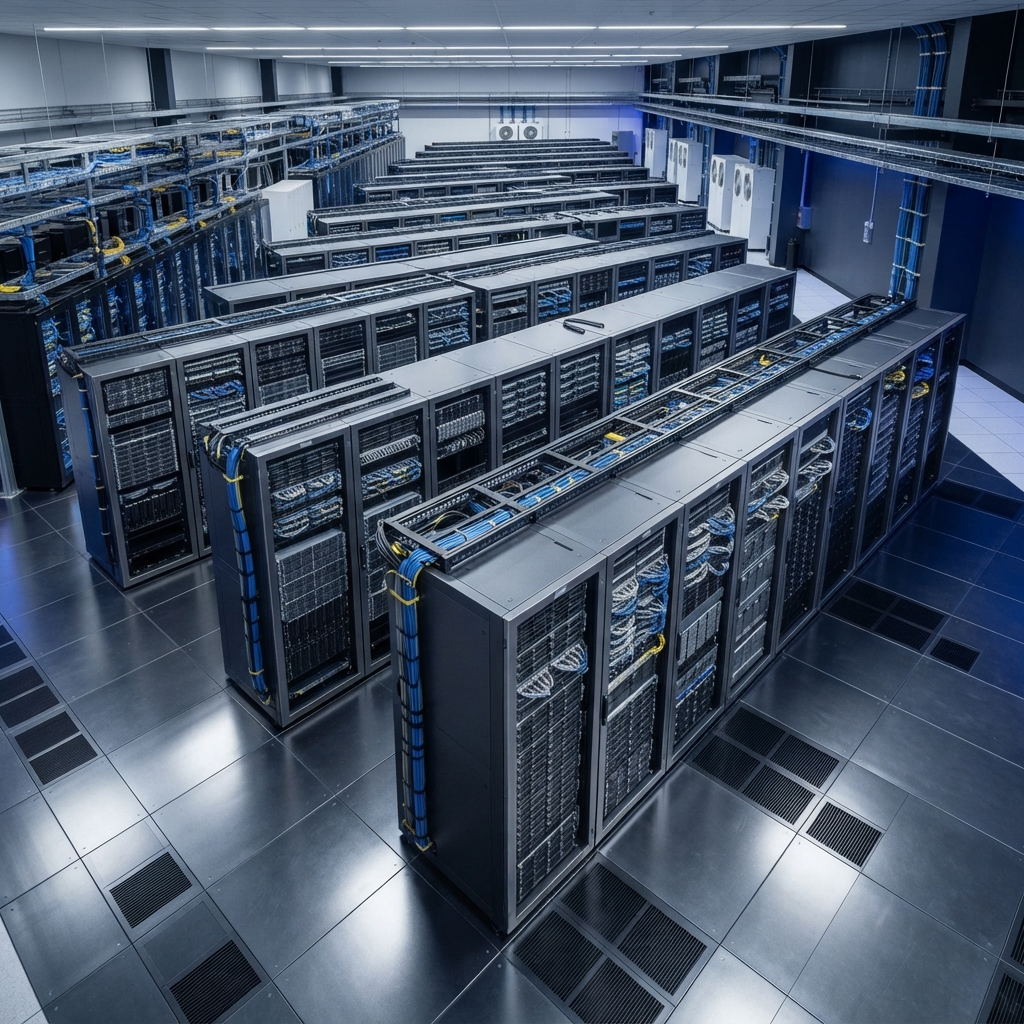 Modern server infrastructure in a clean, professional facility