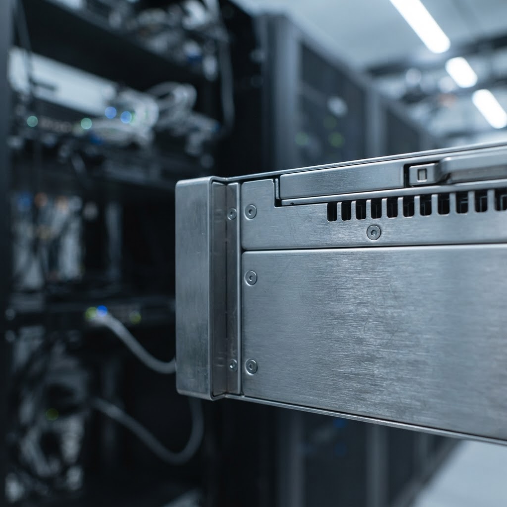 Close up of metallic technical infrastructure in a server room