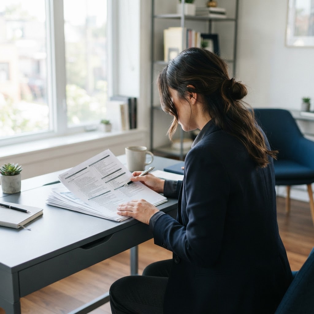 Professional reviewing a detailed checklist in a modern office