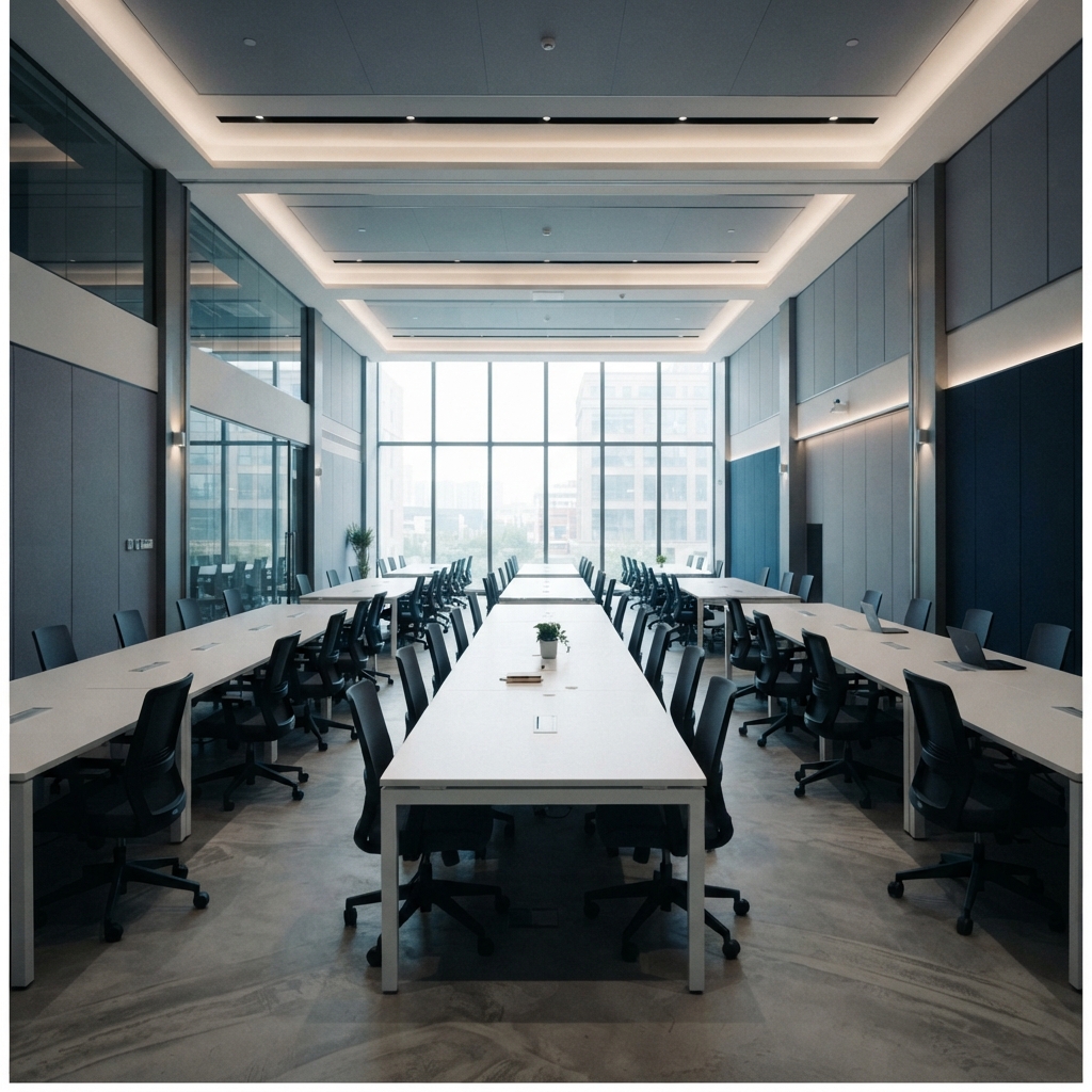 Wide view of a modern and clean professional workspace