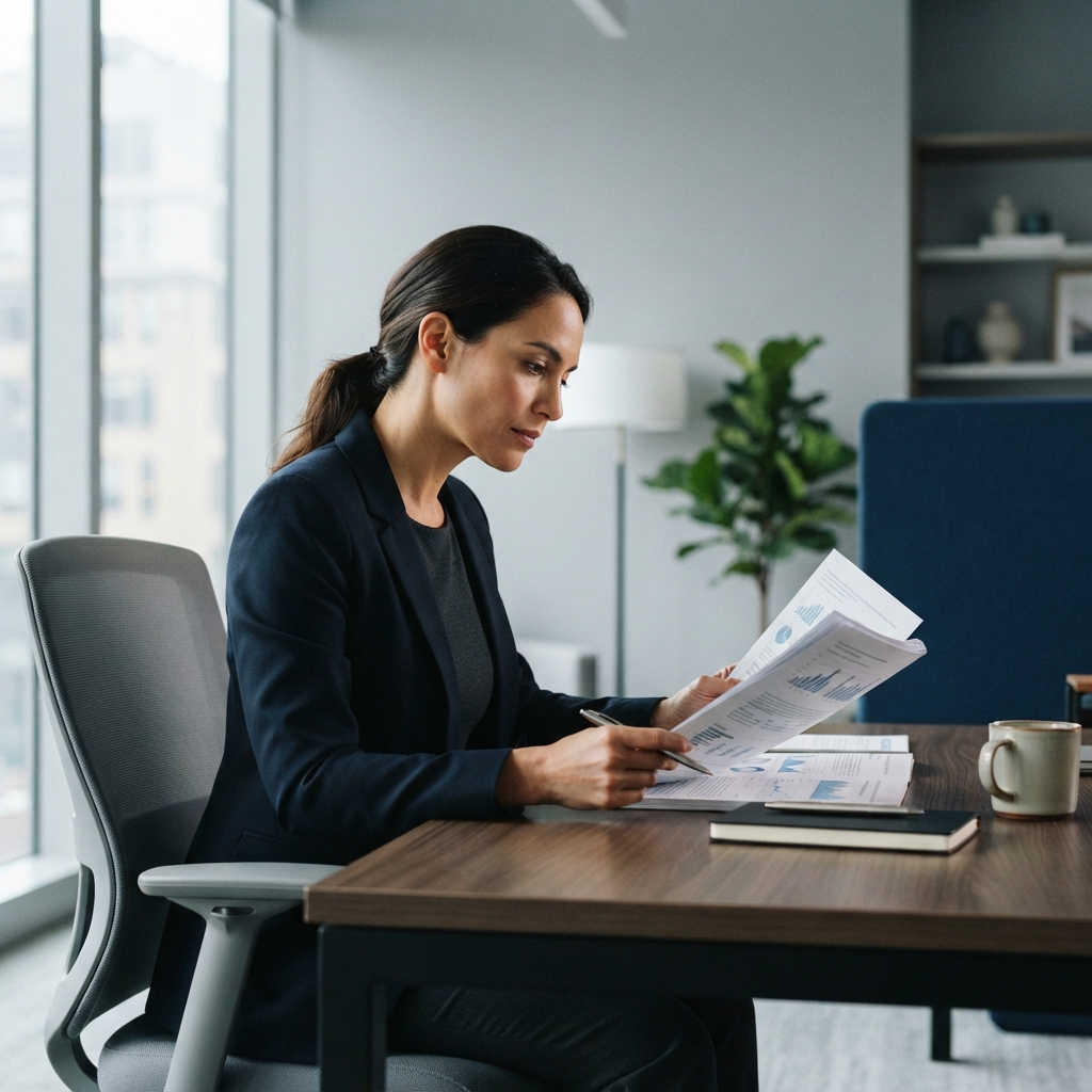 A person reviewing business documents in a modern office