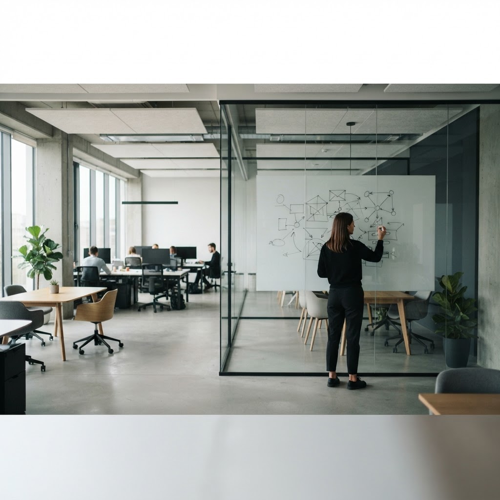 A team member working at a whiteboard in a modern office