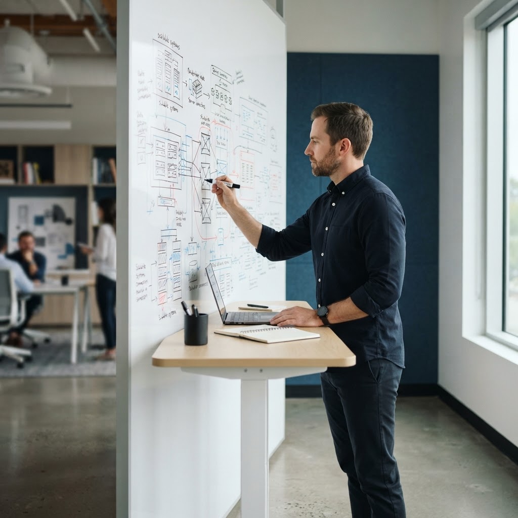 Software architect planning infrastructure on a whiteboard