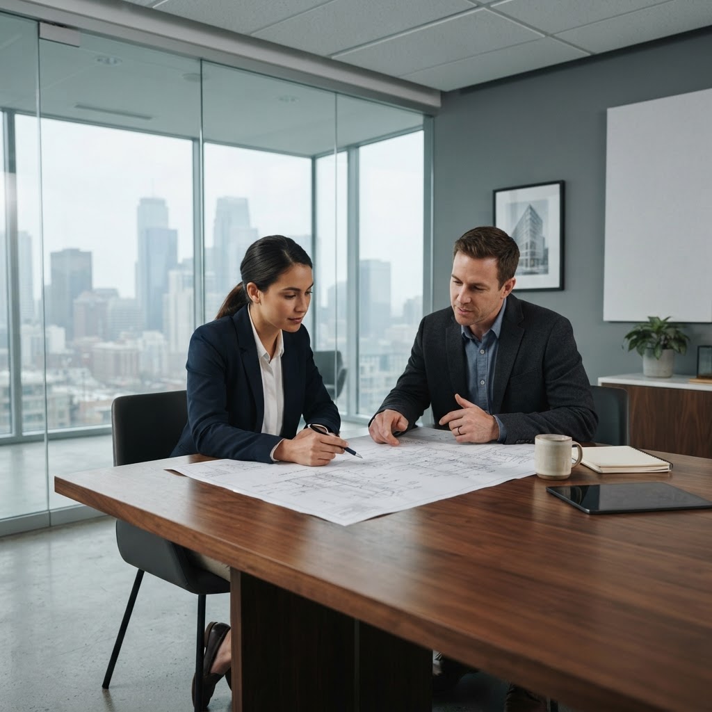 Two engineers collaborating on system design documents