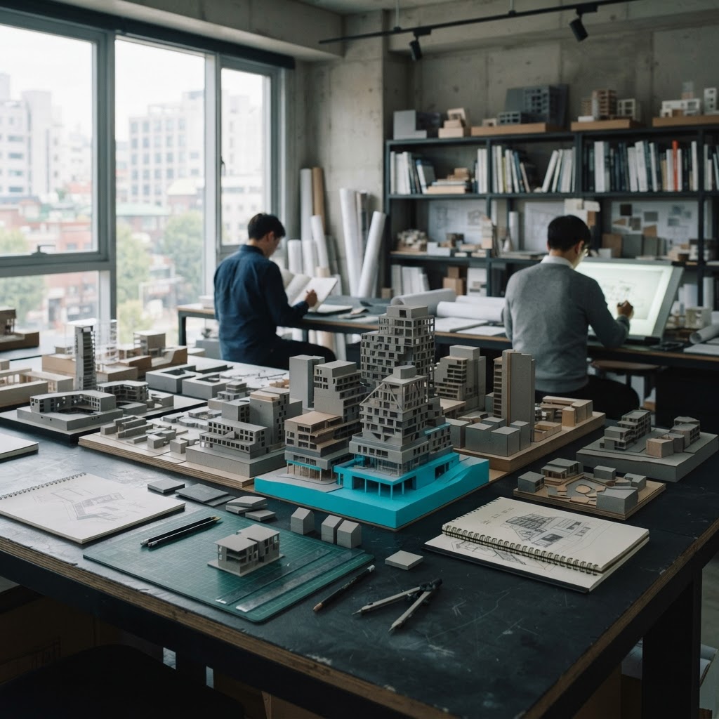 Organized architectural models on a modern design studio table