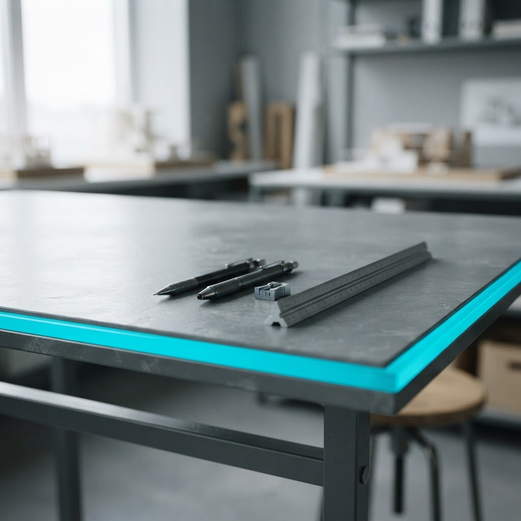 Precision tools on a minimalist slate drafting table