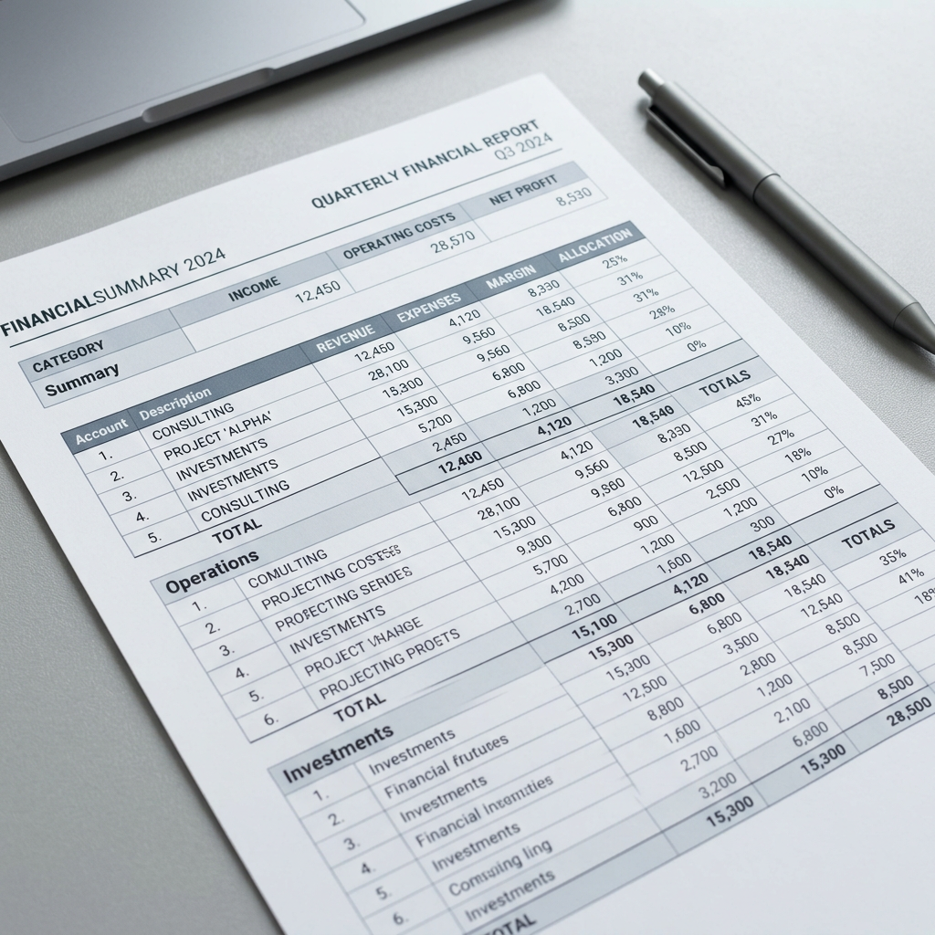 Financial document with structured data and analytical notes