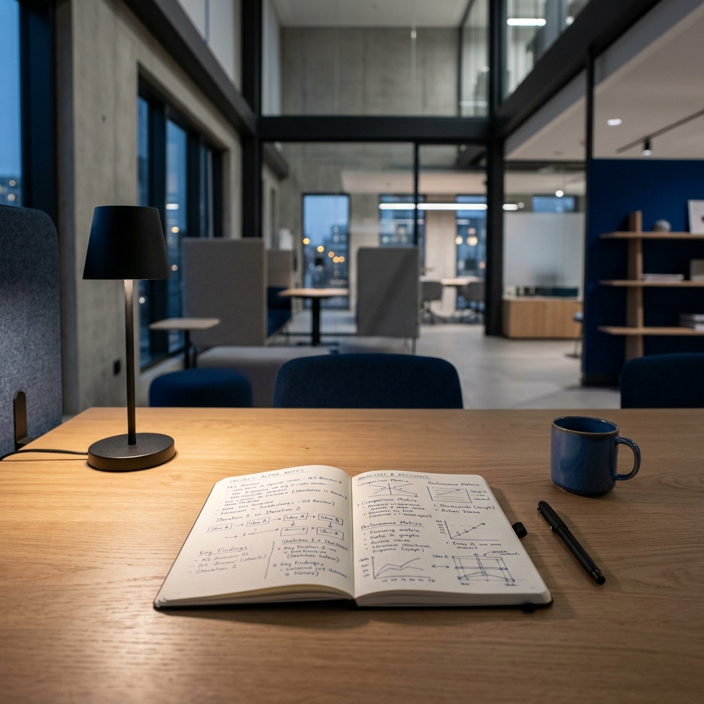 Minimalist workspace with analytical notes and comparison sketches