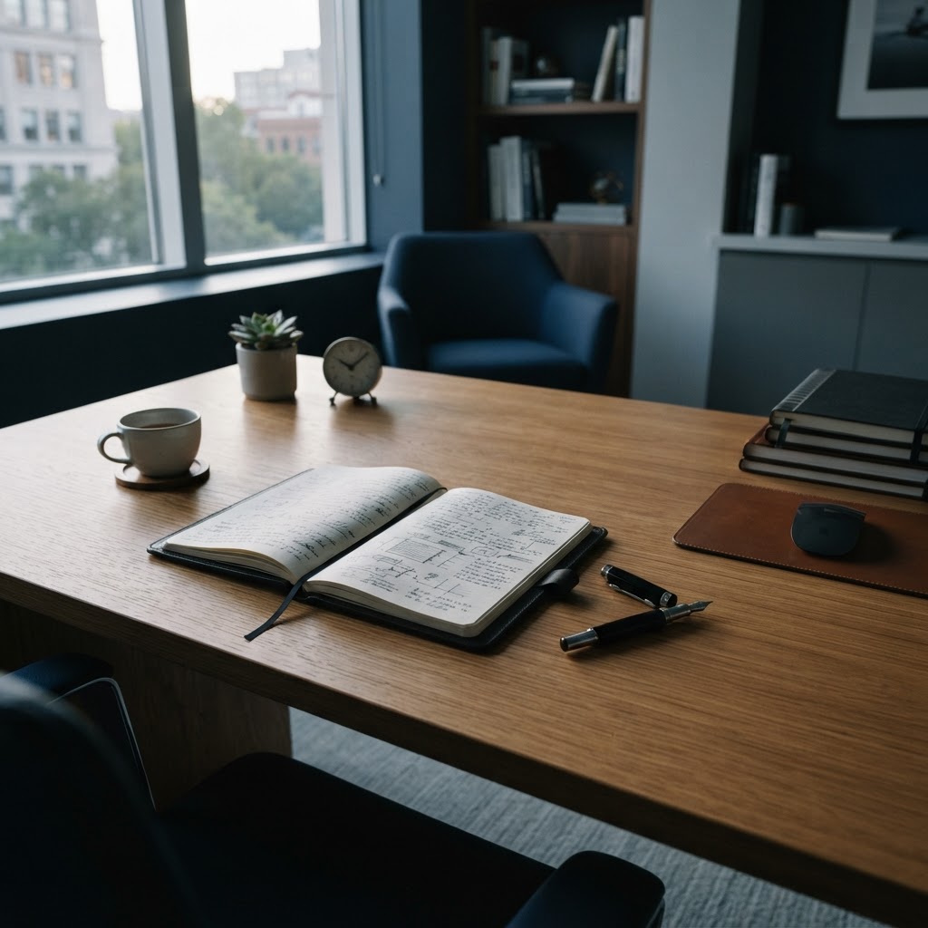 Minimalist desk with pen and notebook for business planning