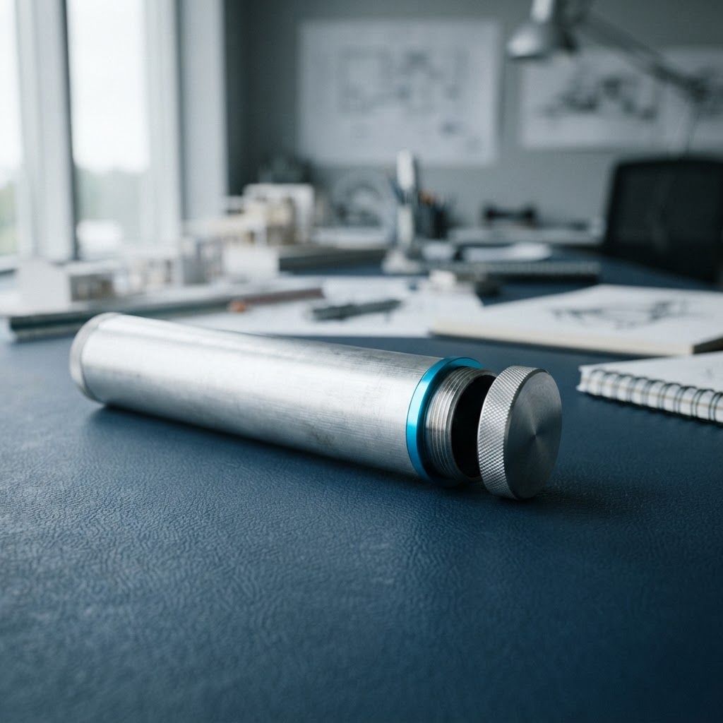 Brushed aluminum blueprint tube on a desk with cyan accent