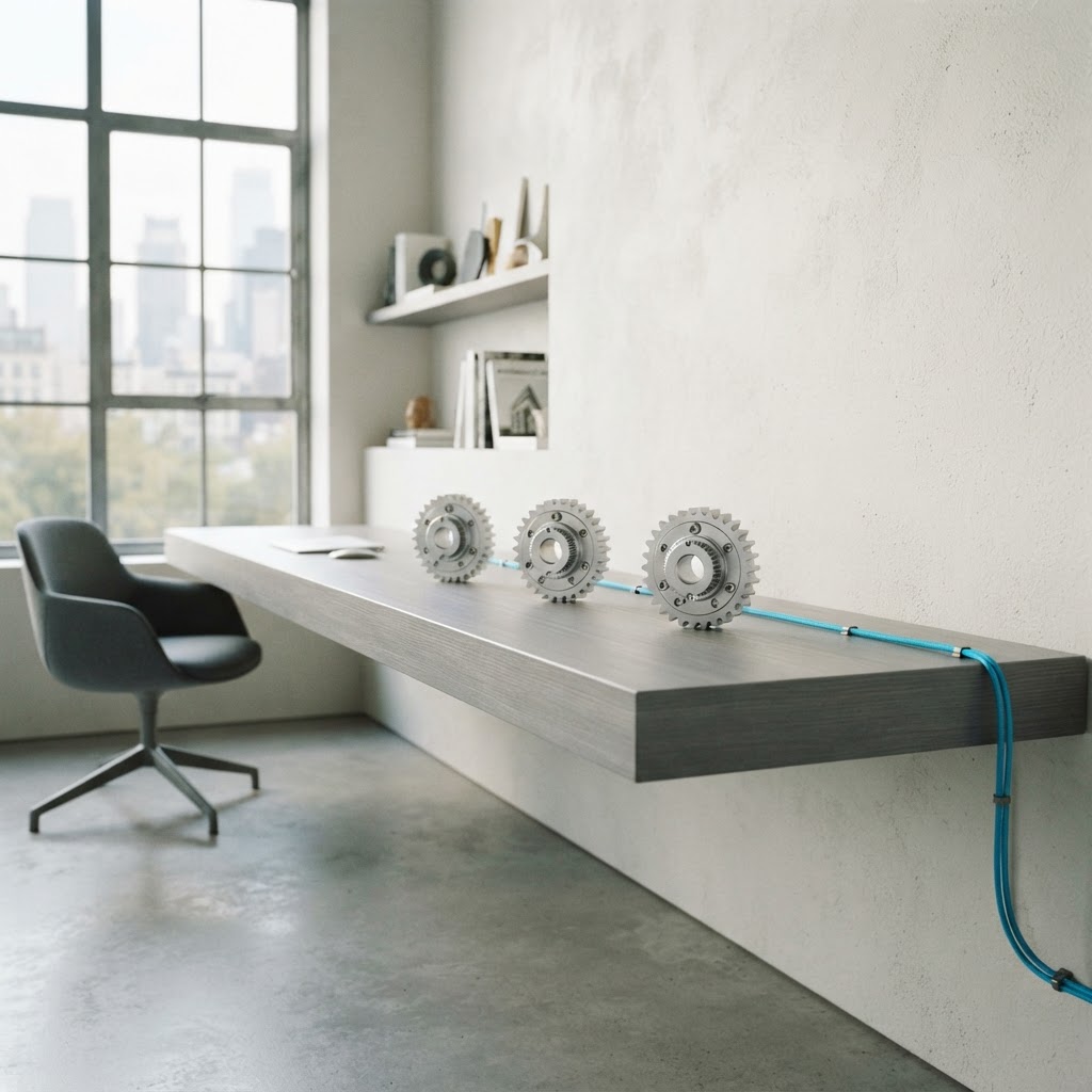 Minimalist desk with mechanical gear components and cable detail