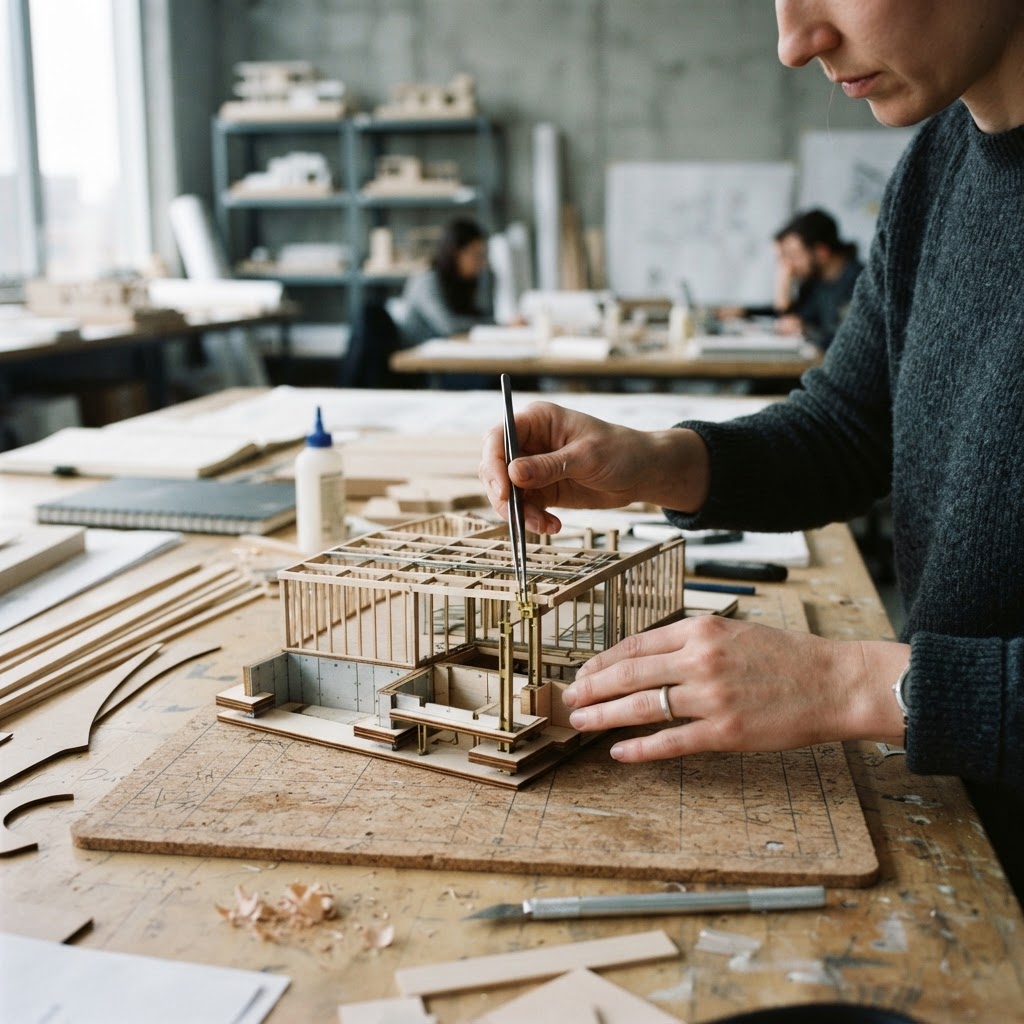 Close up of hands working on a structural model