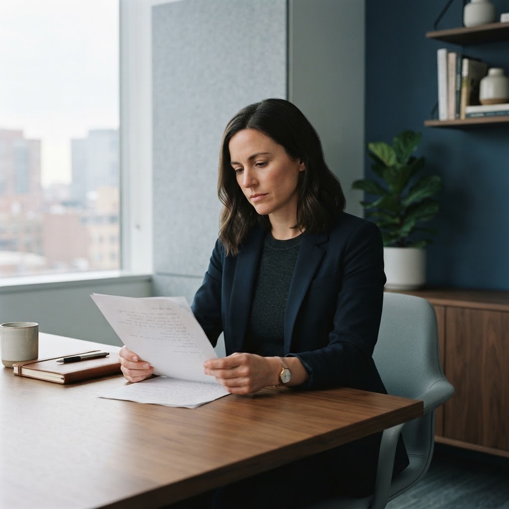 Founder reviewing documents at a desk