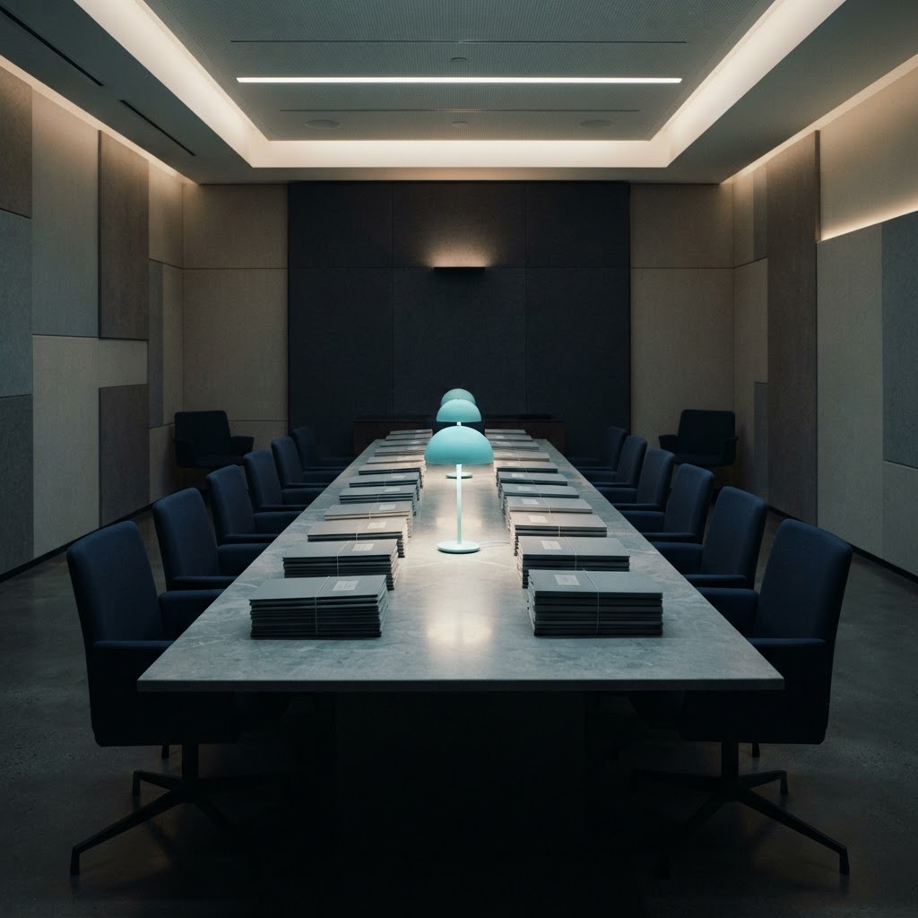 Minimalist conference room with organized folders for due diligence
