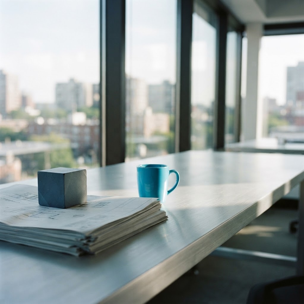 Prepared documentation on a minimalist architectural workspace