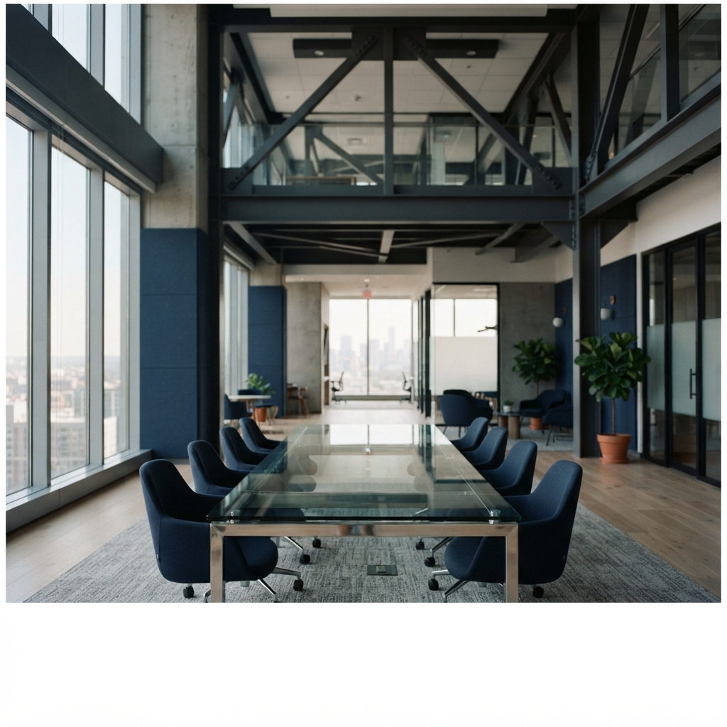 Empty modern office meeting space with glass table