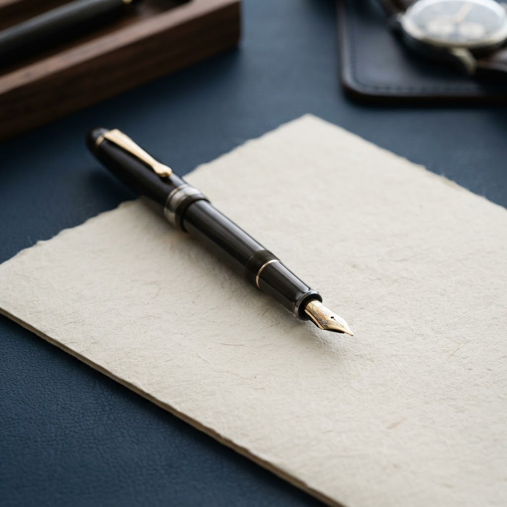 Fountain pen on professional document on a blue desk
