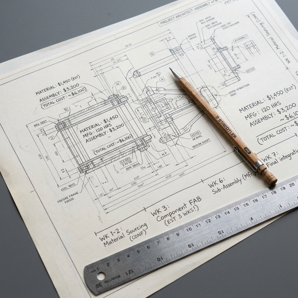 Detailed overhead view of MVP planning documentation with costs