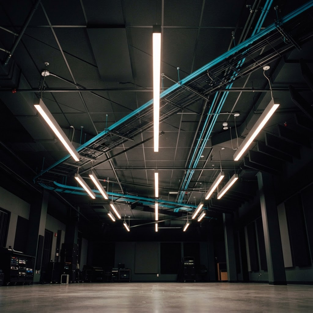 Geometric ceiling lights and conduit in tech studio
