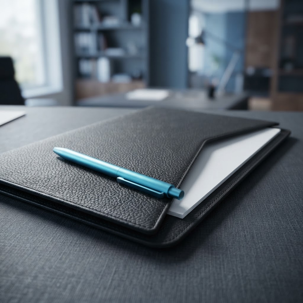 Leather folder and metallic cyan pen on dark desk