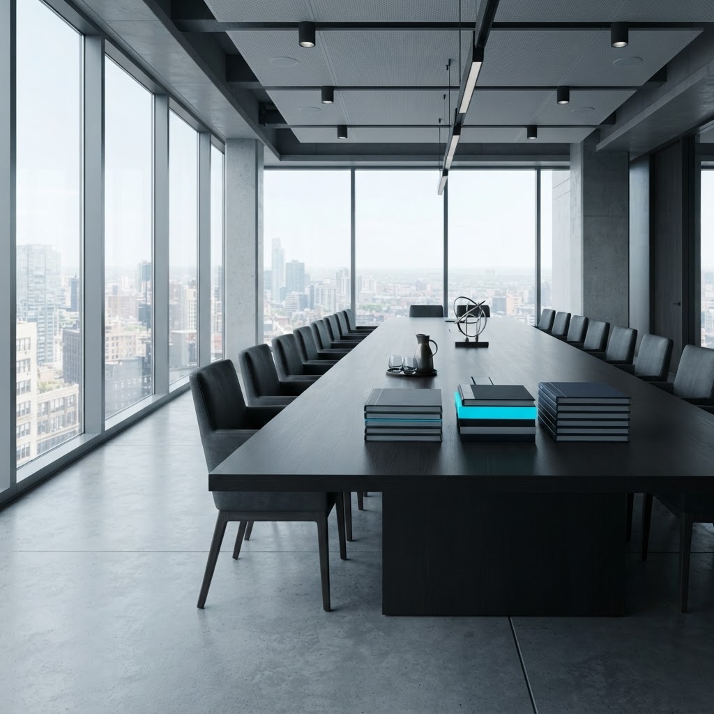 Modern boardroom with organized portfolios and cyan accent