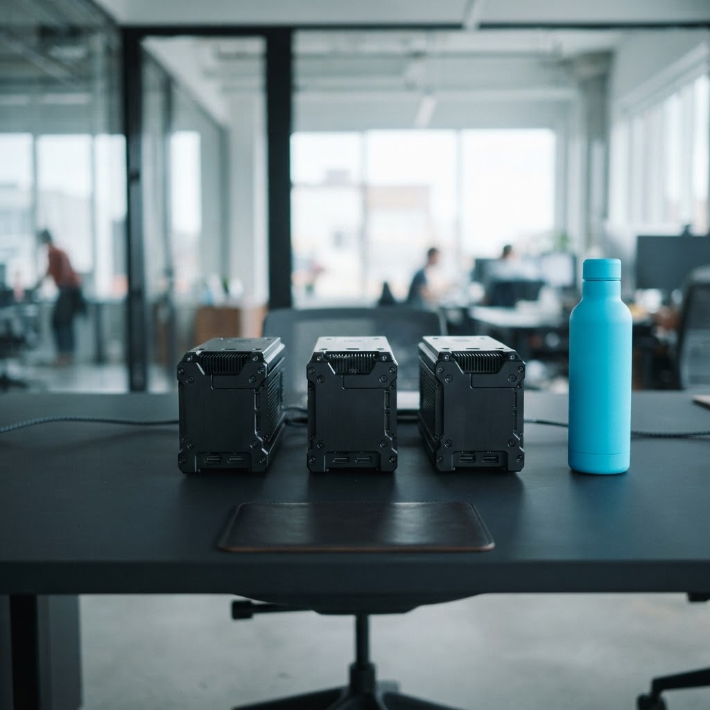 Three industrial components arranged on a minimalist desk