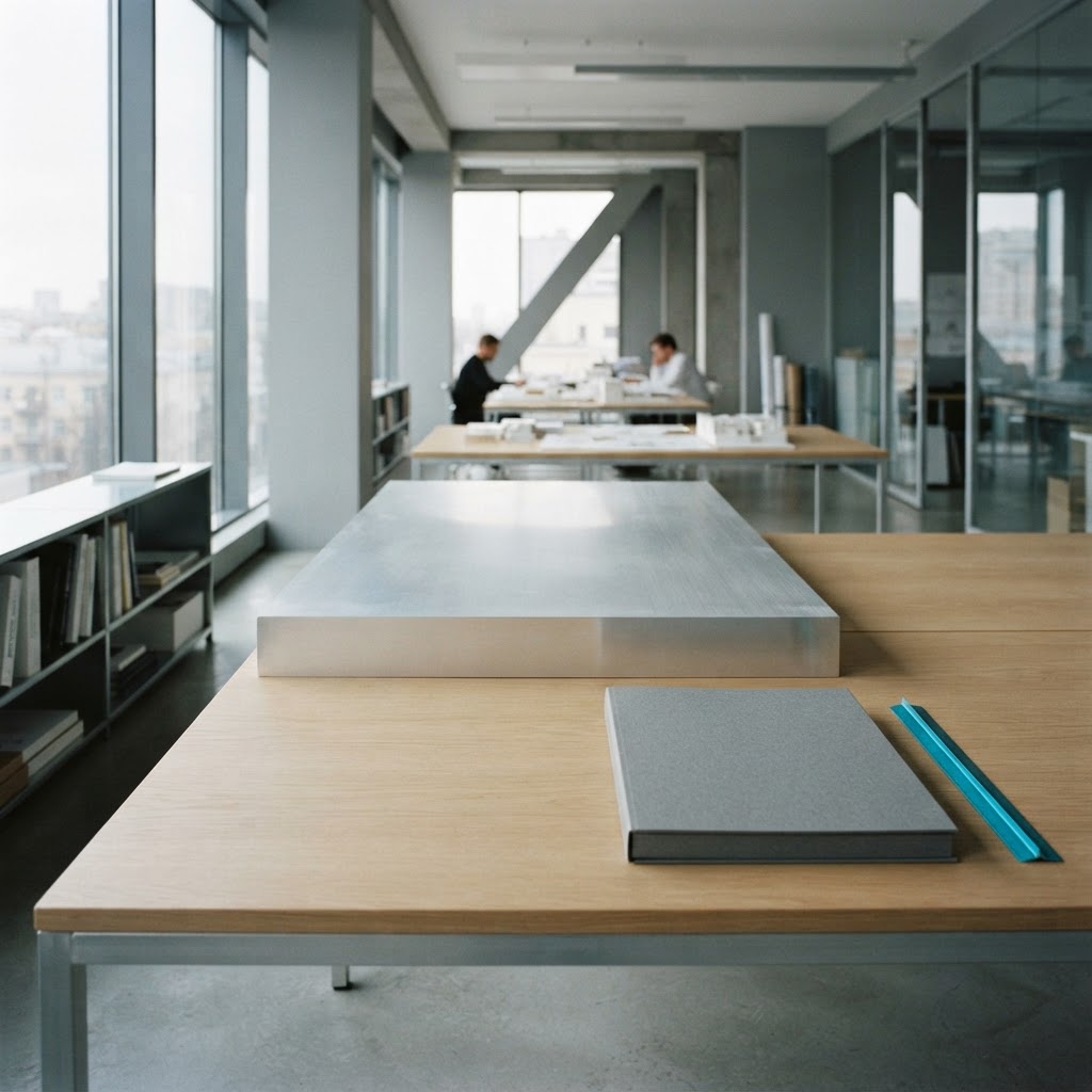 Architectural studio workspace with minimalist office tools