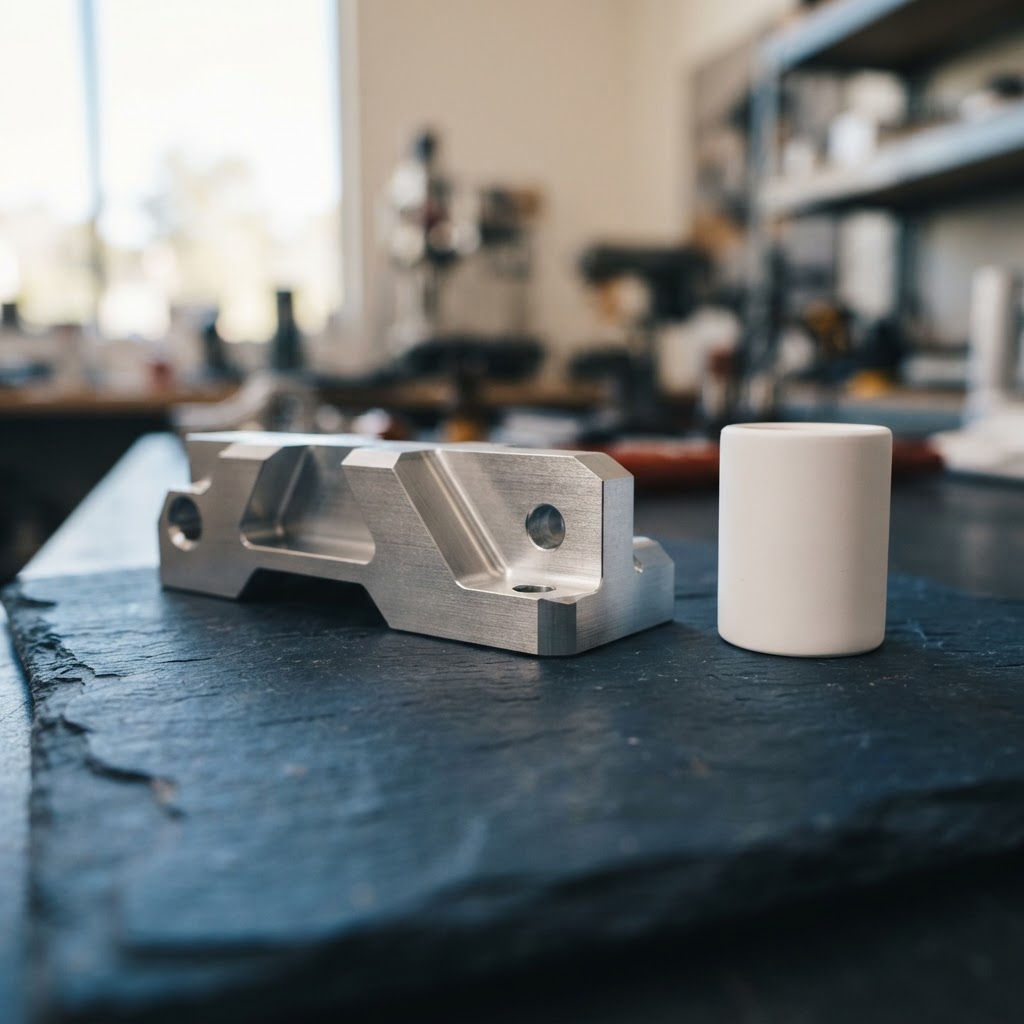 Minimalist structural metal component on a slate desk