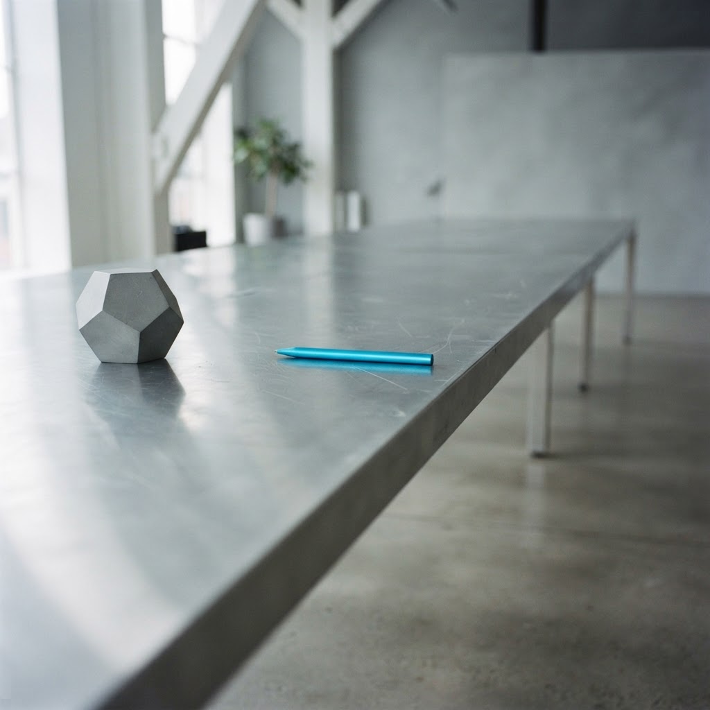 Sleek industrial workspace with a singular metal paperweight