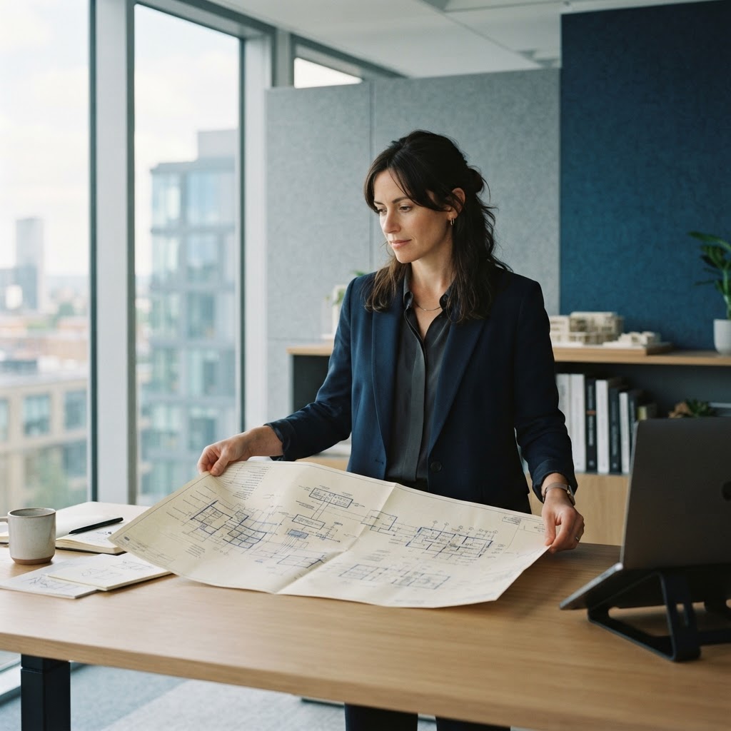 Professional architect reviewing technical infrastructure plans