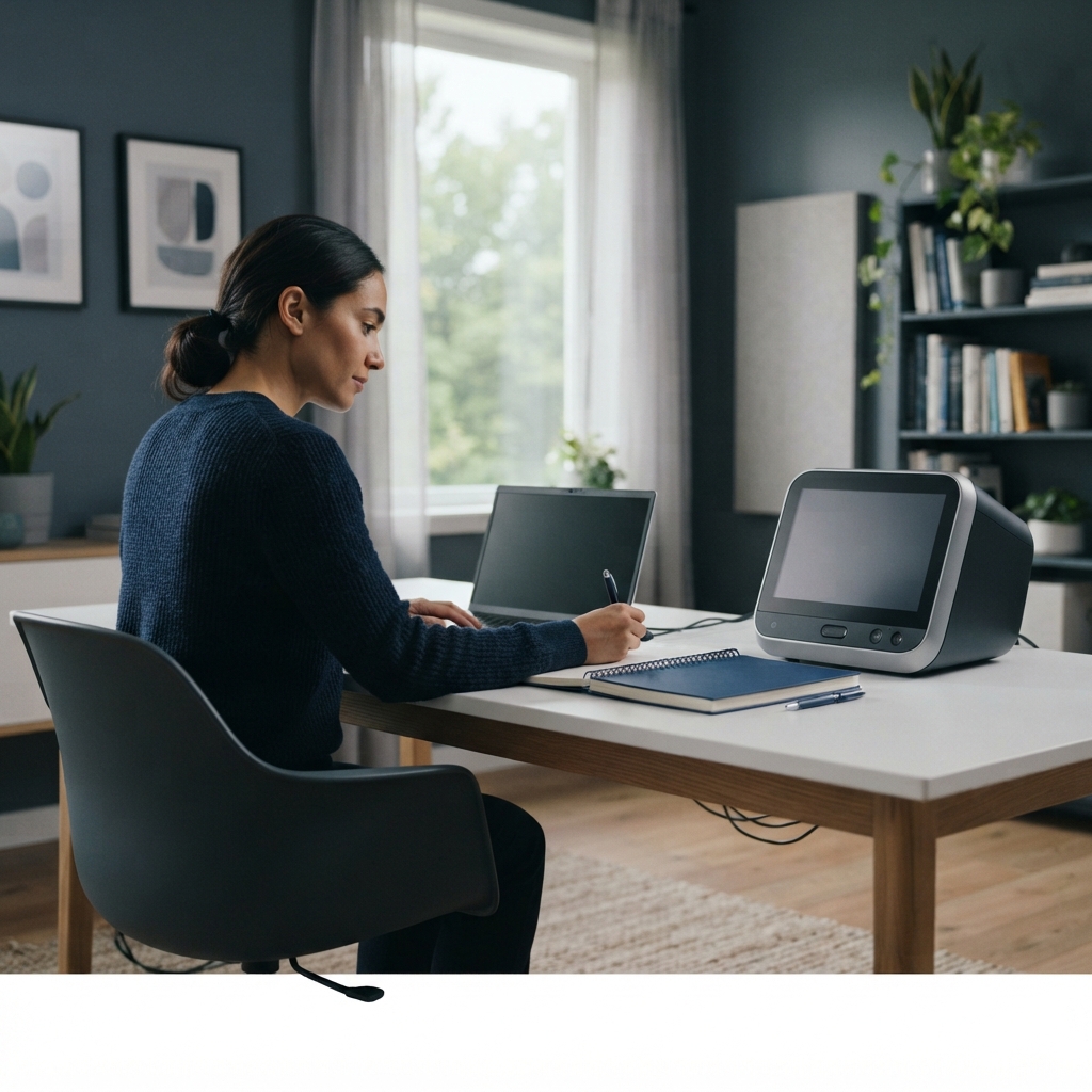 Minimalist home office workspace with medical technology