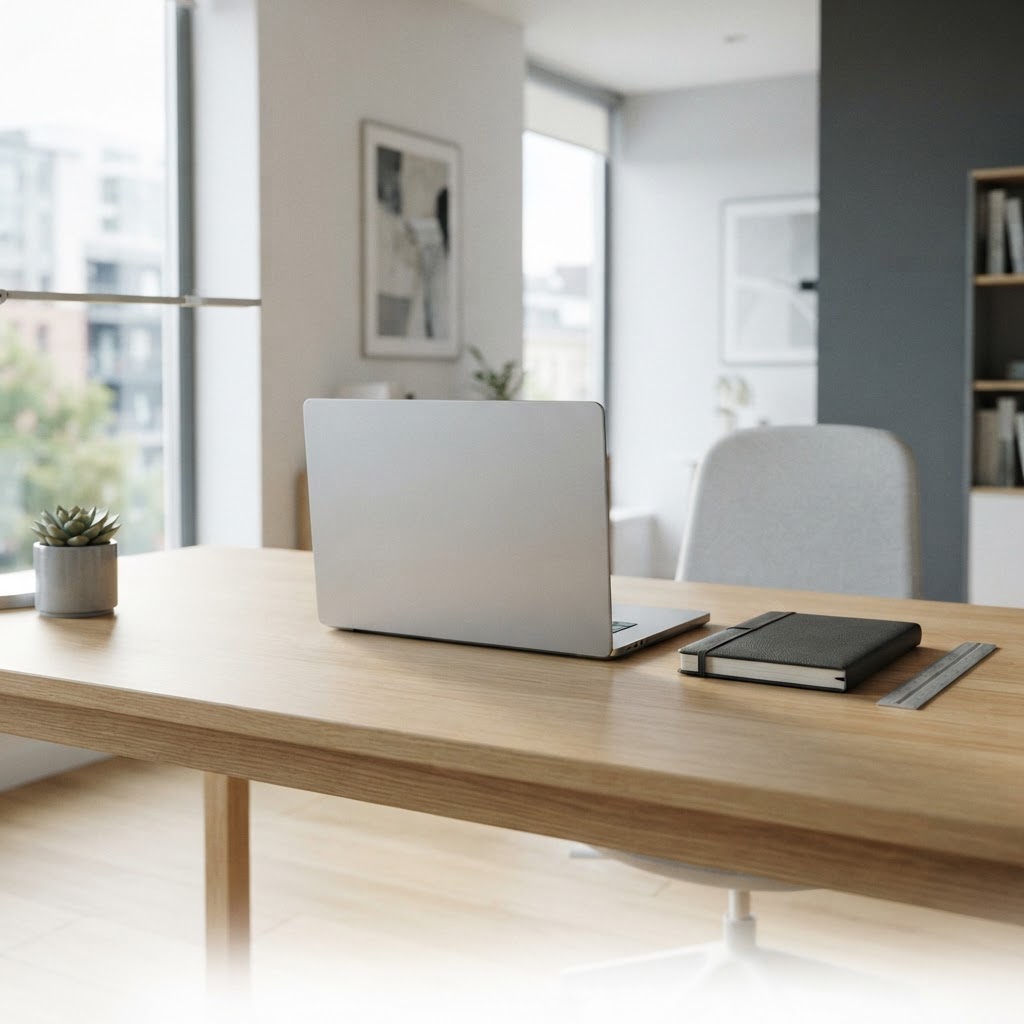 A clean modern office workspace with hardware and stationery