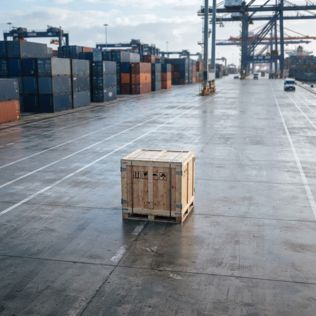 A sealed shipping crate on a concrete dock