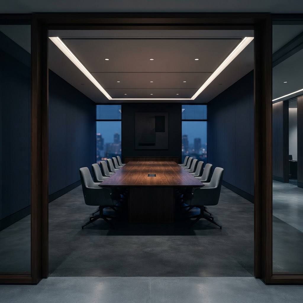 Minimalist modern boardroom with a clean wooden table