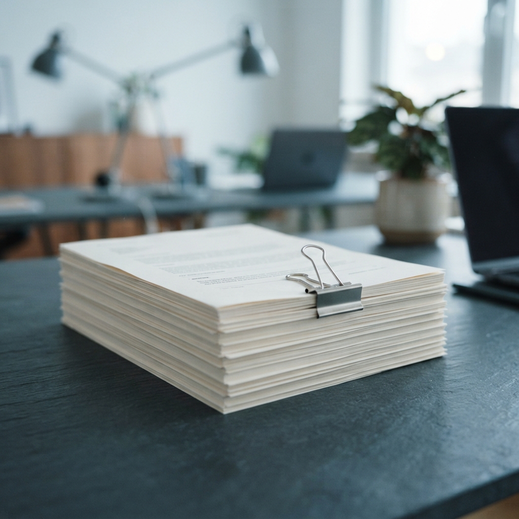 Paper documents with a metal binder clip on a desk