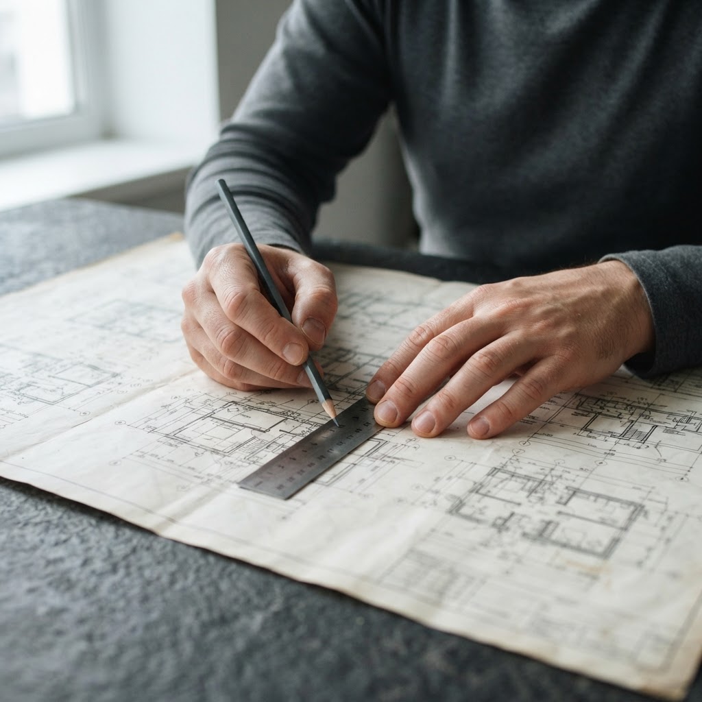 Refining architectural plans on a stone desk