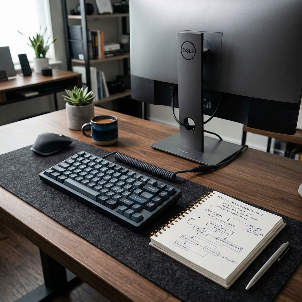 Developer workspace with code and handwritten notes
