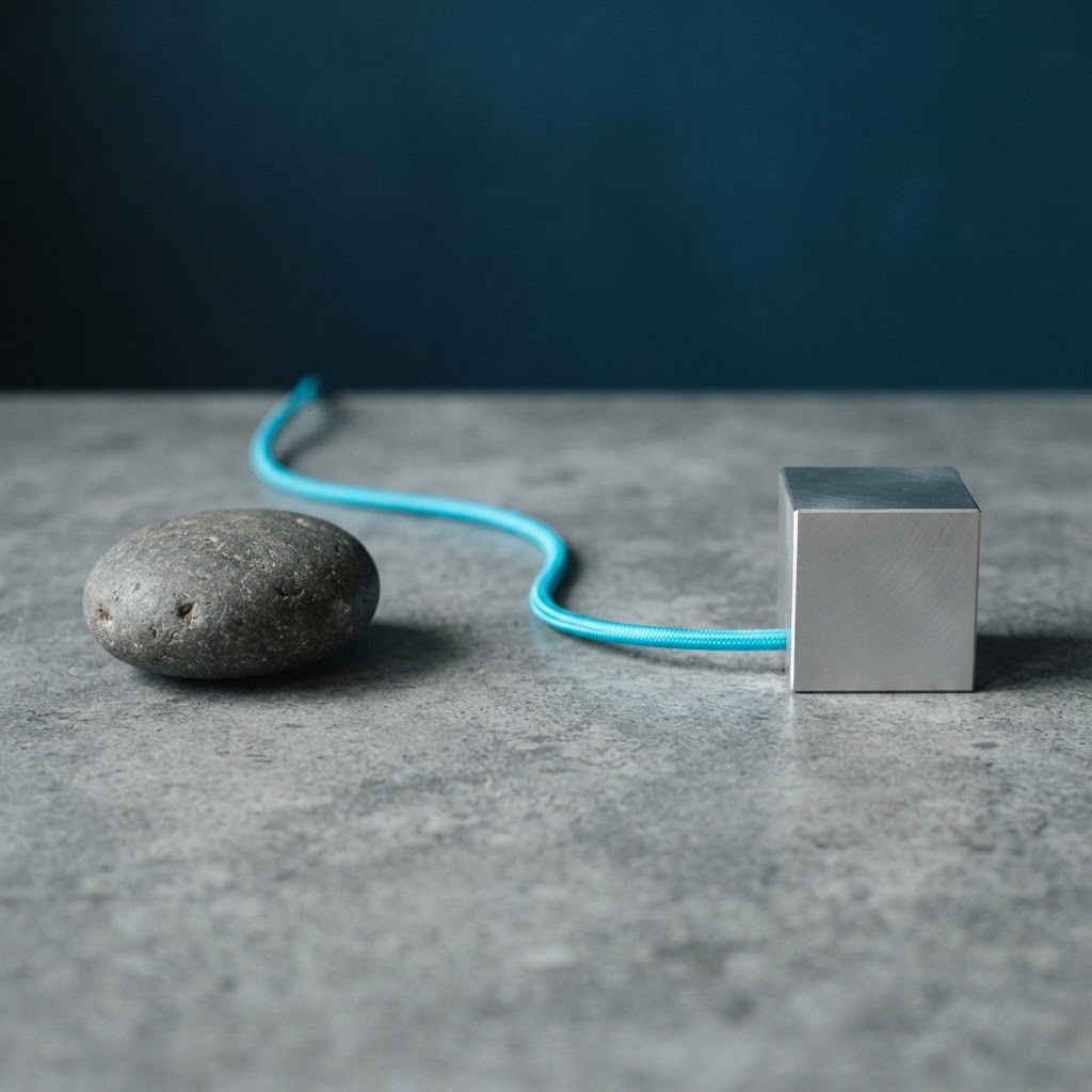 Fluid stone and precision metal block on a desk