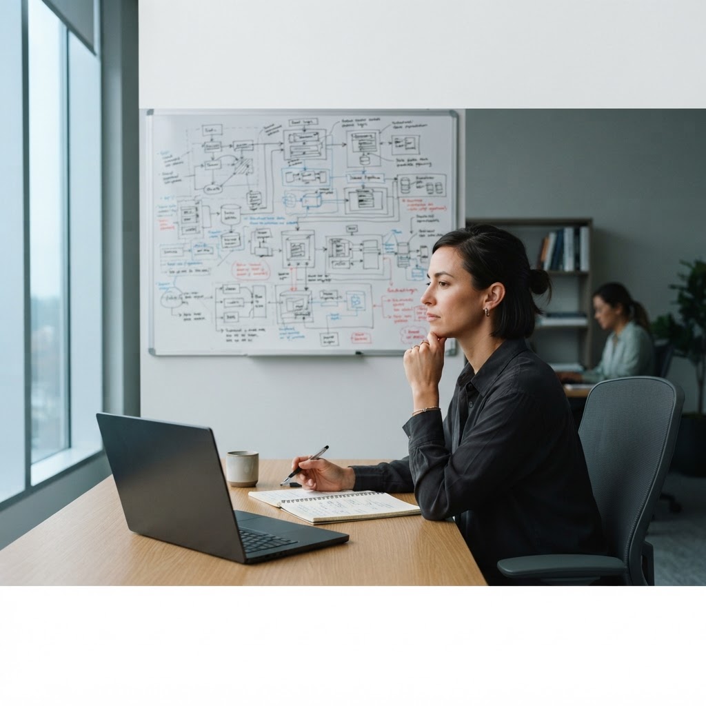 Software engineer planning architecture on a whiteboard