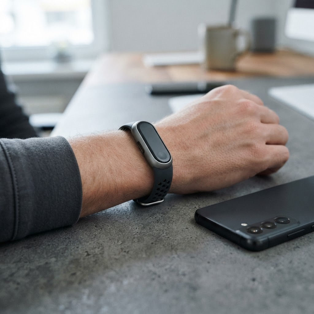 A fitness tracker and a smartphone on a desk