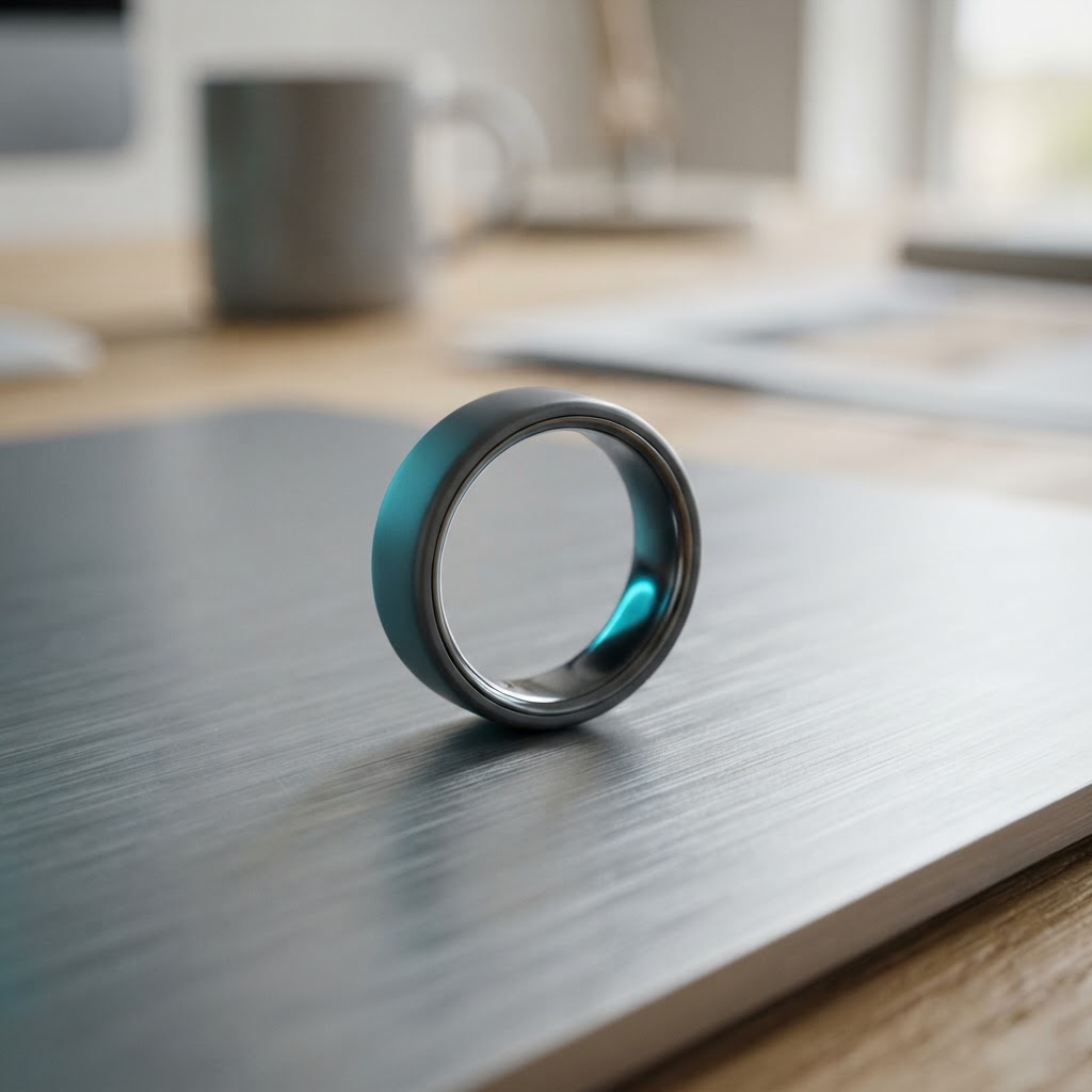 Modern wearable ring on a metallic desk
