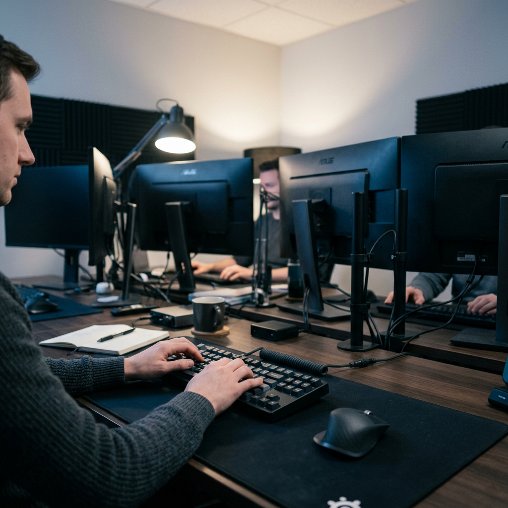 Developer at workstation with code editor and performance metrics