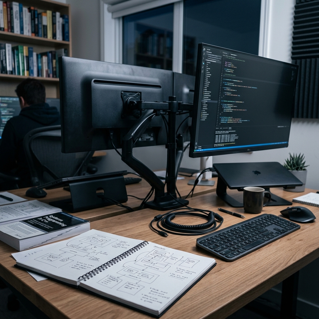 Developer workstation with multiple monitors and code documentation