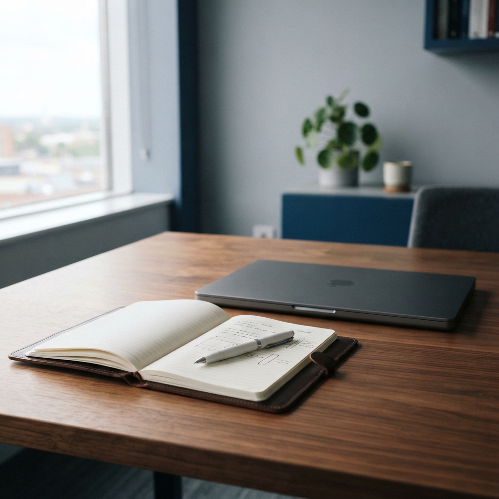 Minimalist desk setup with closed laptop and notebook
