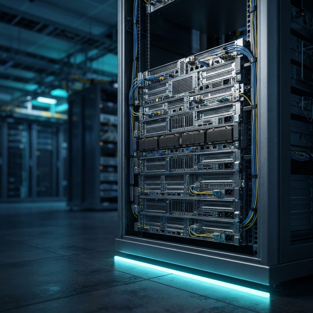 Sleek metallic server rack infrastructure detail