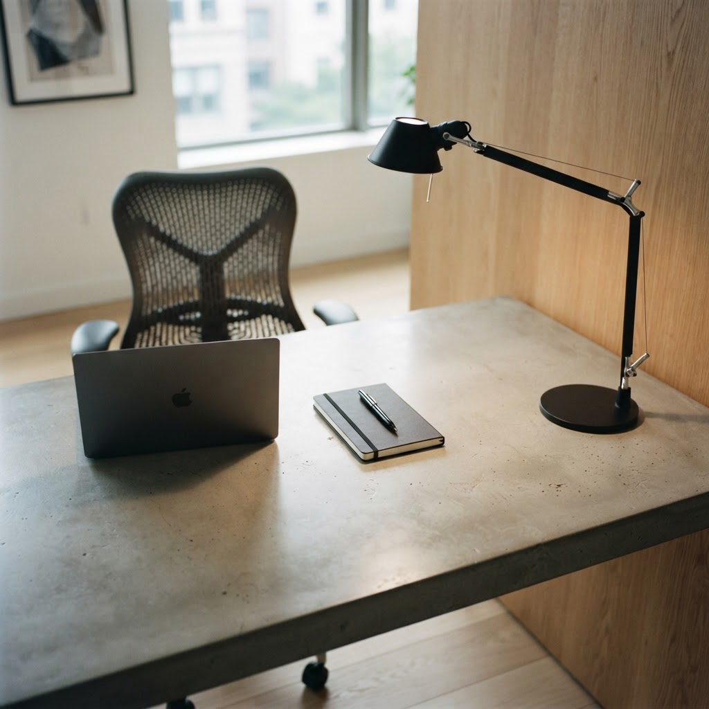 Minimalist modern desk setup with soft lighting