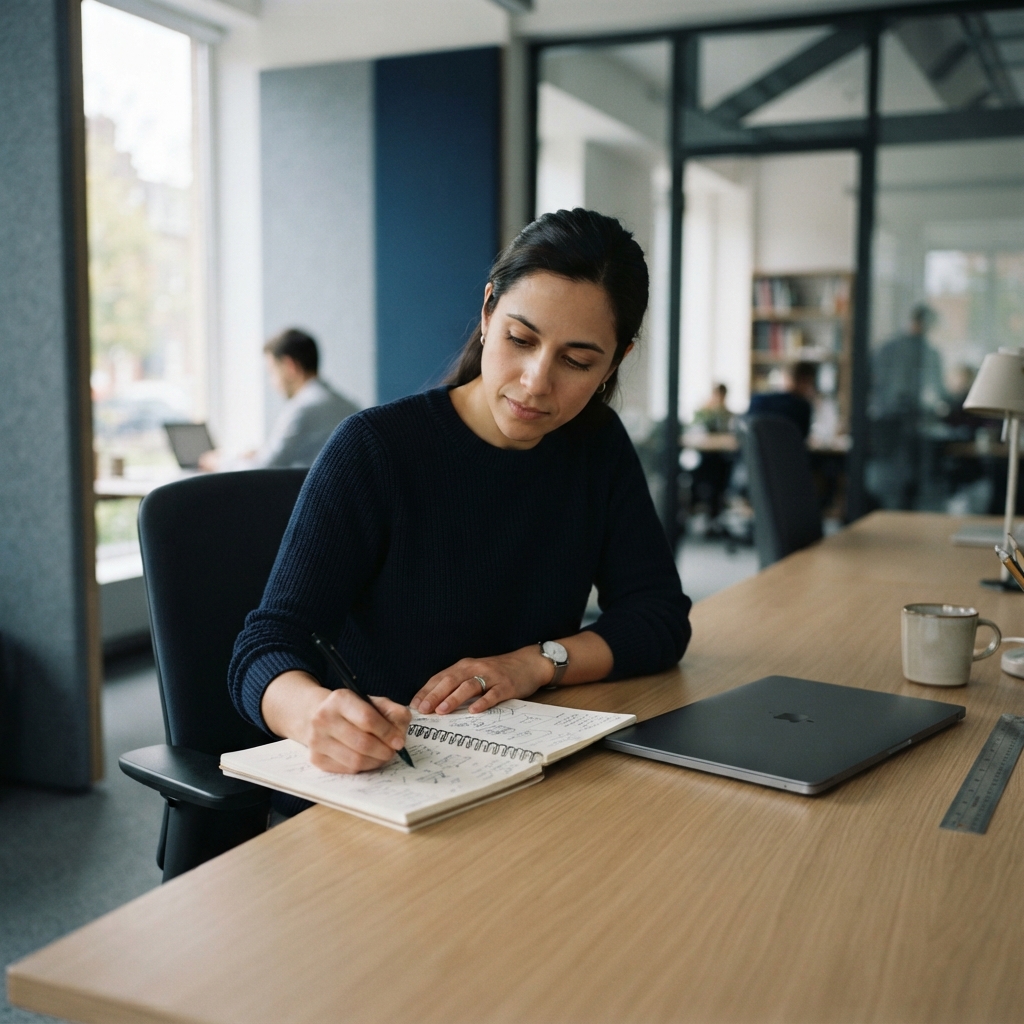 An engineer taking notes in a minimalist office setting