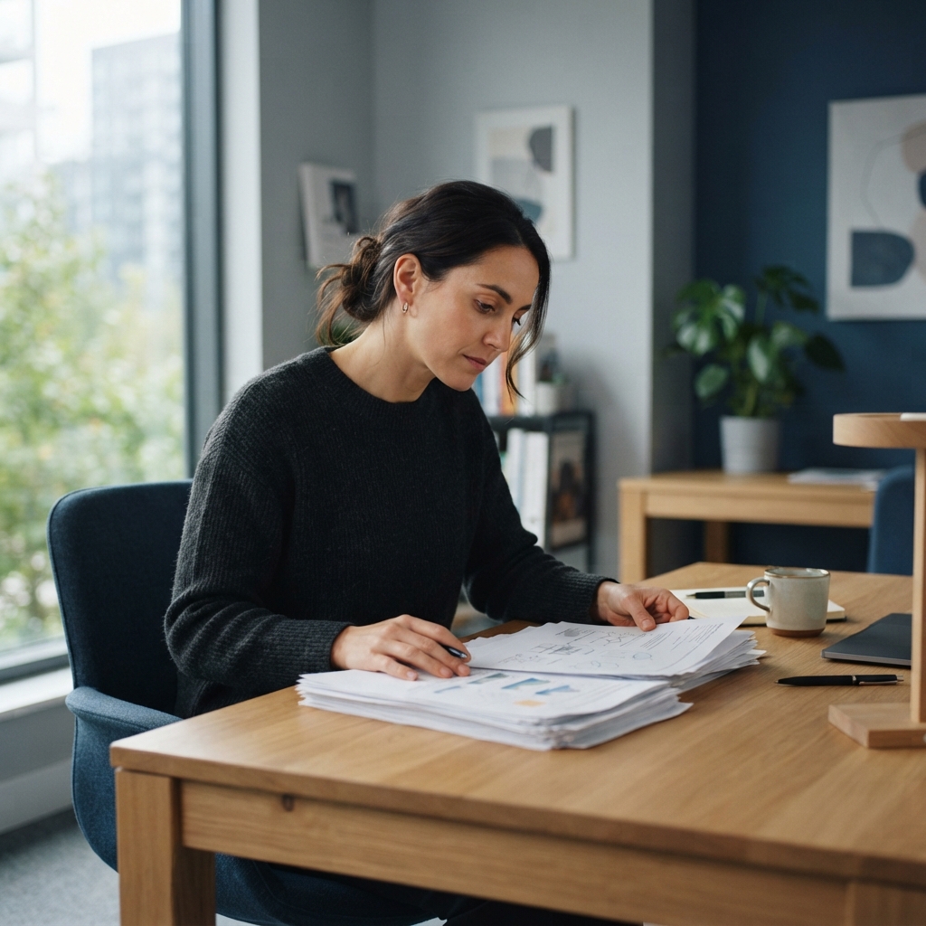 A startup founder analyzing physical documents in a modern office